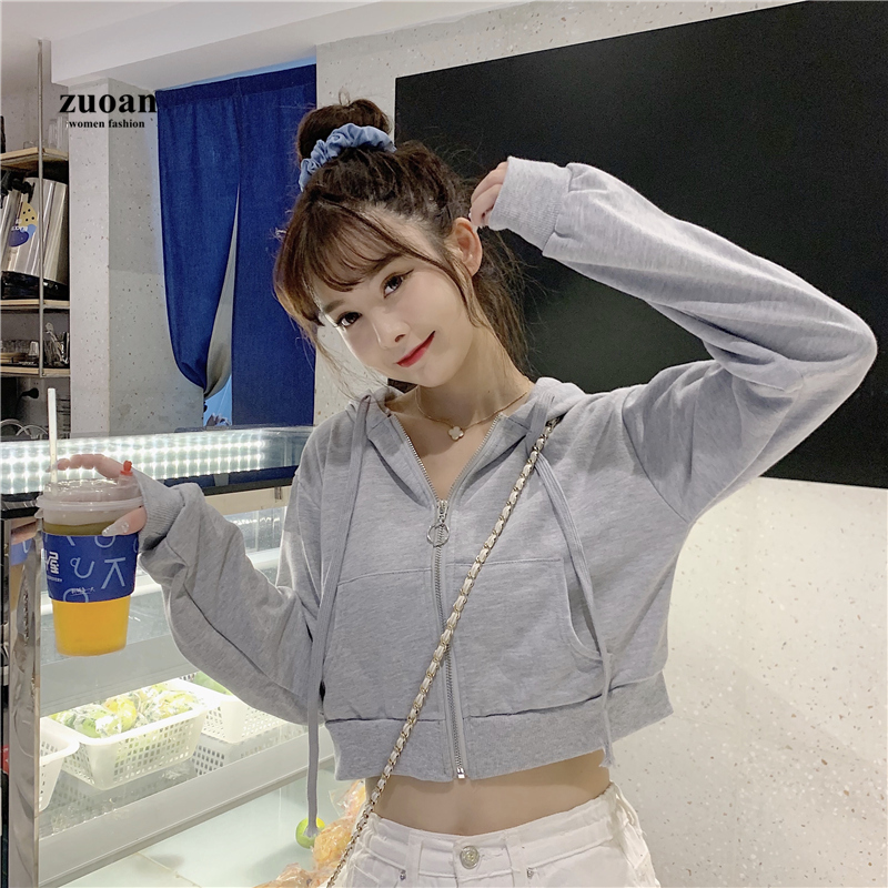 SUXI Áo khoác sweater ngắn mỏng dáng rộng phối khóa kéo phong cách mùa thu cá tính cho nữ