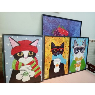 Tranh Canvas 3 chú Mèo uống trà sữa