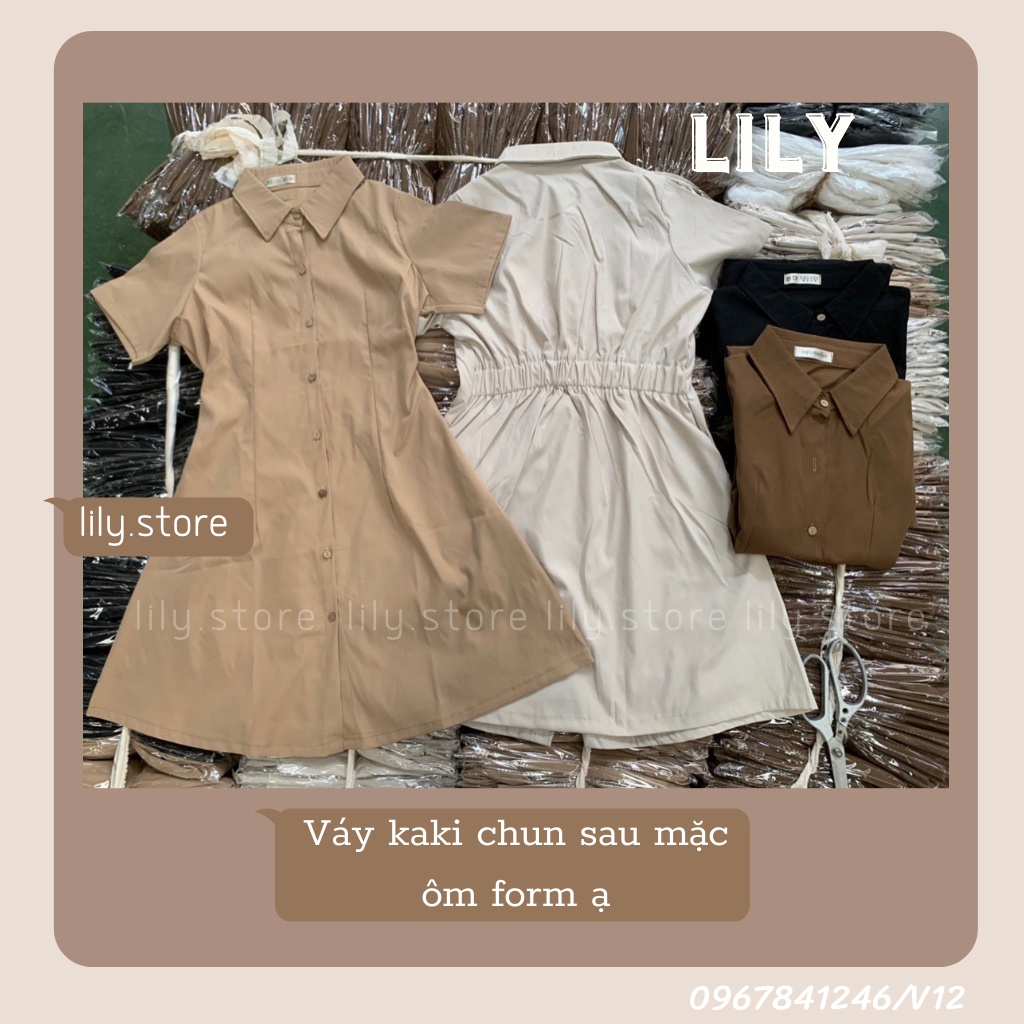 Váy sơ mi dáng suông có chiết eo, Đầm sơ mi chiết eo tiểu thư chất liệu kaki tôn dáng trắng be đen V12 LILY