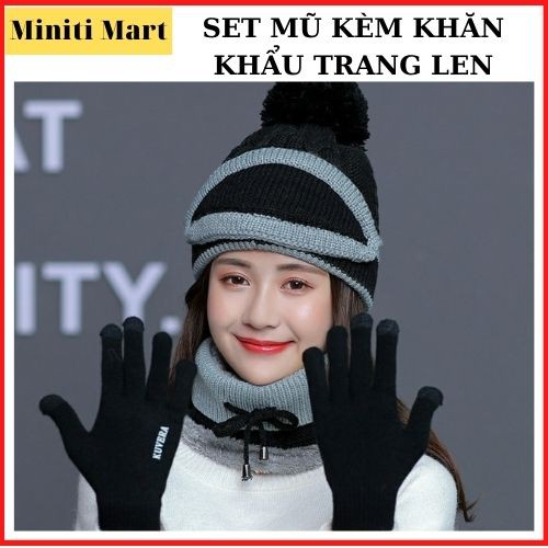 Set Mũ Len Nữ Kèm Khẩu Trang Khăn Quàng 3.1, Sét Nón Len, Combo Mũ Len+Khẩu Trang Khăn Quàng Phong Cách Hàn Quốc Unisex