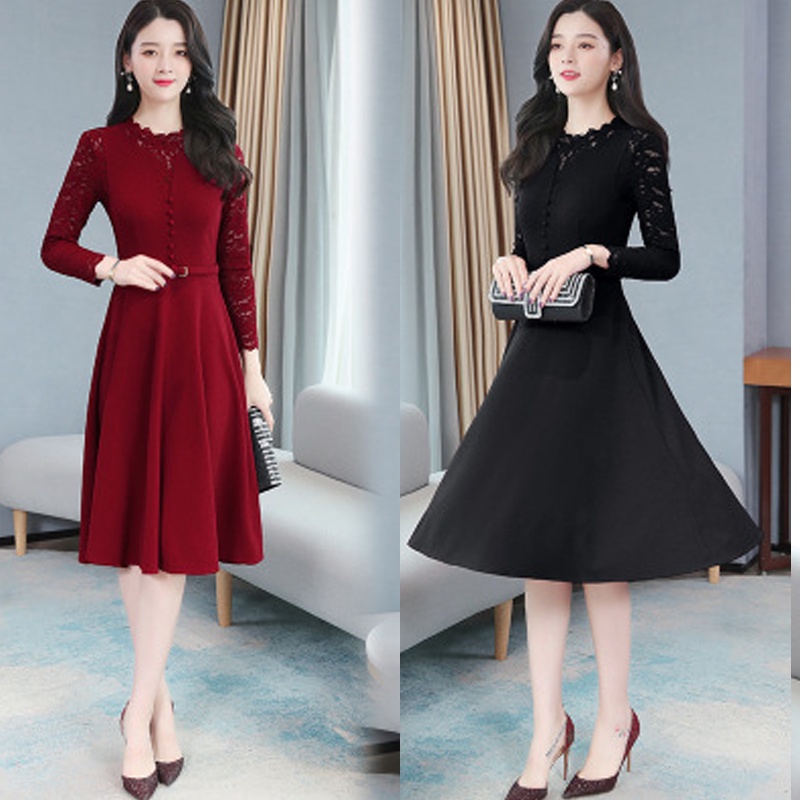 Váy đầm trung niên giá rẻ đẹp, dáng xoè che khuyết điểm tốt, poly phối tay ren co giãn, thoáng mát -L92