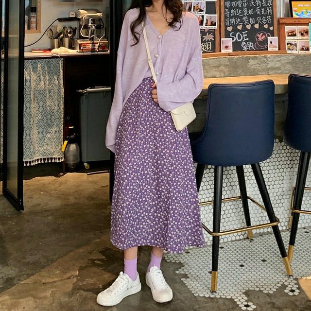 Giảm giá Set vintage chân váy hoa nhí tím, áo len mongtoghi - BeeCost