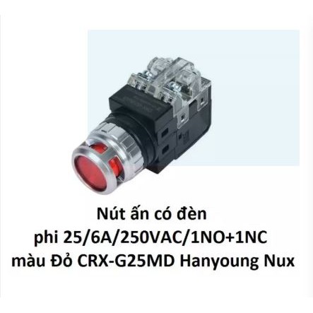 (Hanyoung) Nút ấn có đèn phi 25/6A/250VAC/1NO+1NC CRX-G25MAG