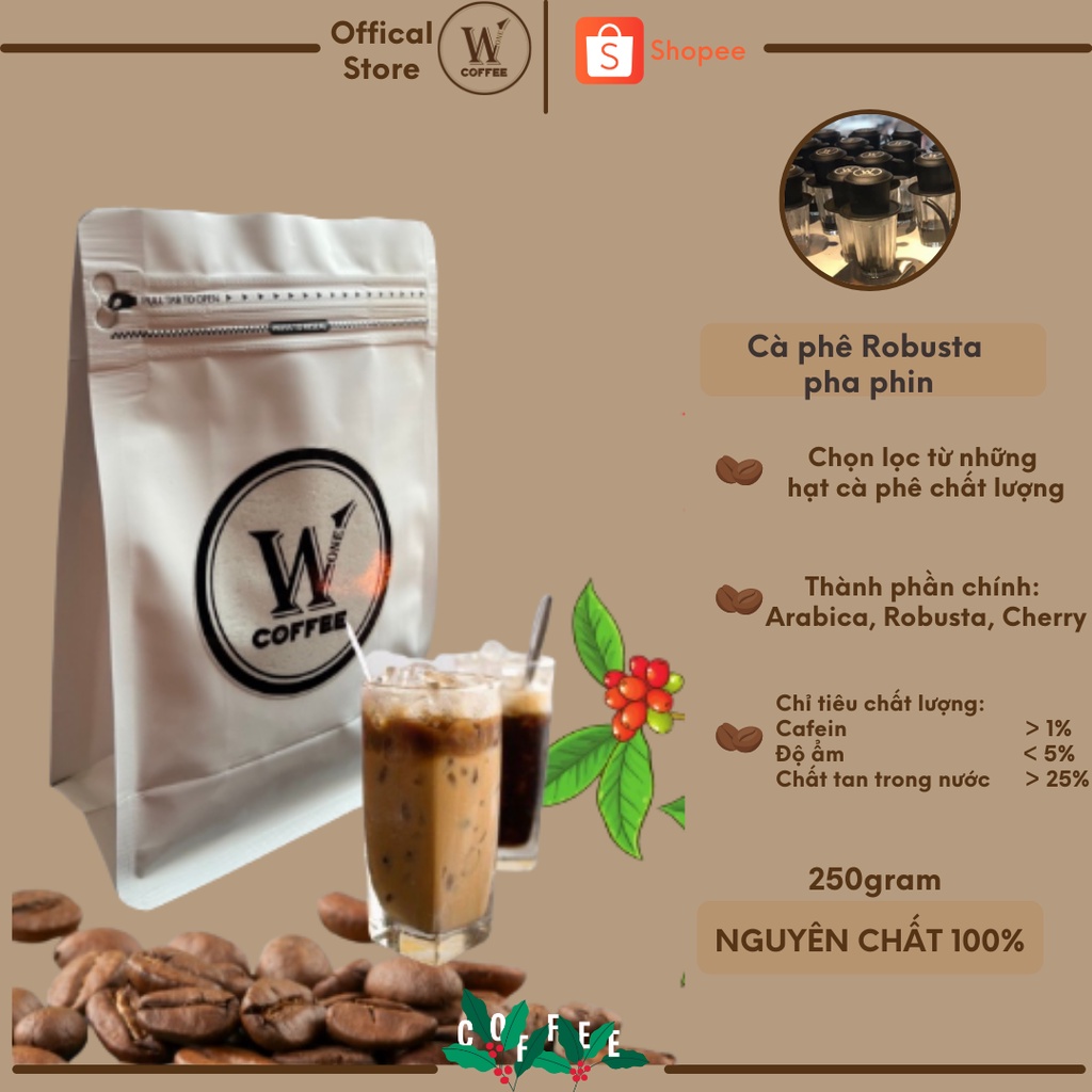 250gram Cà phê pha phin Robusta ⚡ GIÁ TỐT ⚡ Cà phê rang xay nguyên chất 100% W1coffee chuẩn vị cà phê Việt Nam