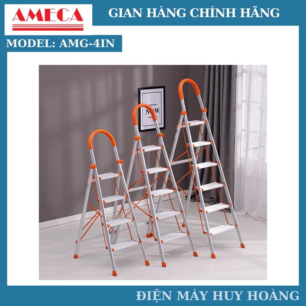 Thang nhôm xếp, thang ghế inox tay vịn 4 bậc Ameca AMG-4IN