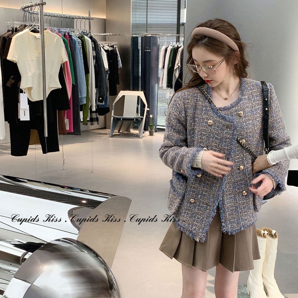 Áo khoác dáng ngắn rộng tay dài vải tweed phong cách thu đông thời trang cho nữ