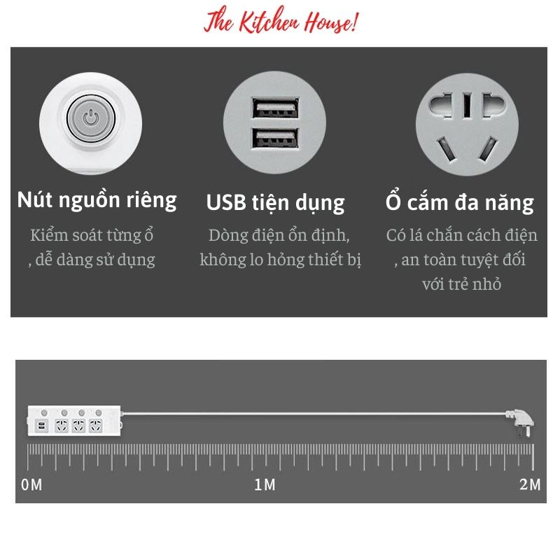 Ổ cắm điện đa năng thông minh 2 cổng USB 5v sạc nhanh, chịu tải 2500w an toàn cao dây dài 2,5m The Kitchen House