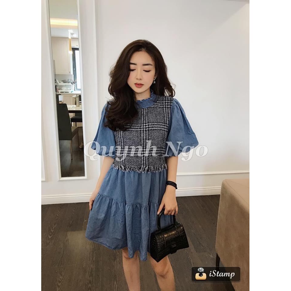 Đầm zr denim phối dạ