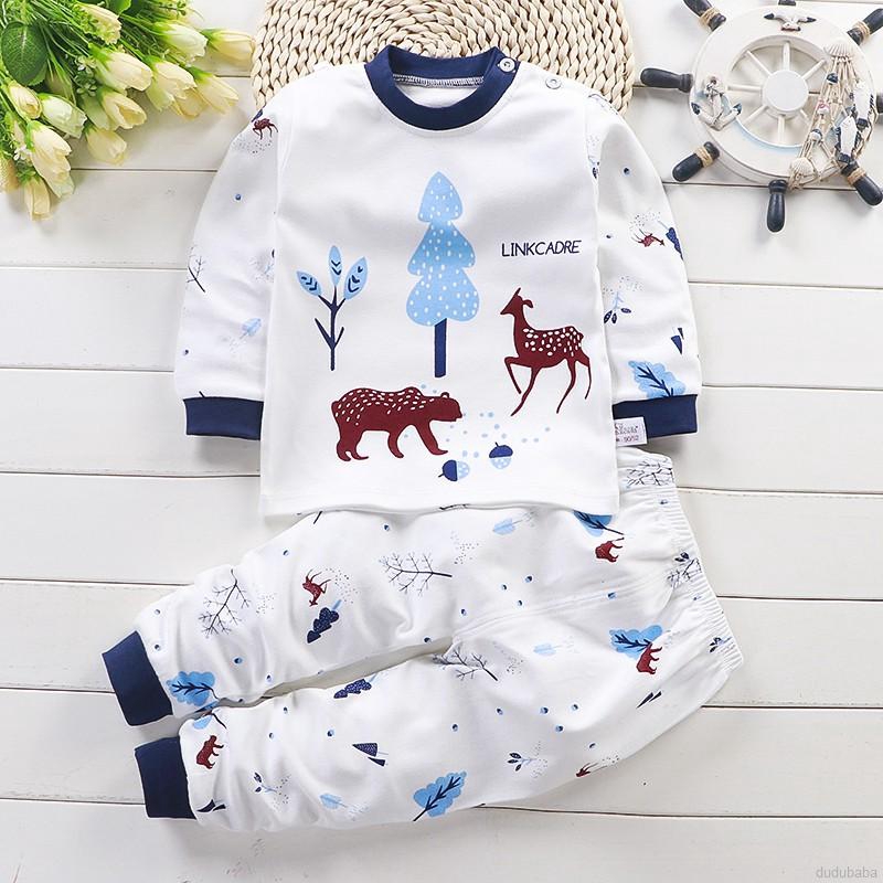 Bộ đồ ngủ pajamas gồm áo tay dài và quần dài in hình hoạt hình dành cho bé trai bé gái từ 0 đến 5 tuổi