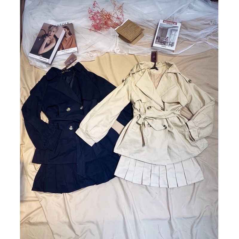 Set áo vest mix chân váy xếp ly vải kaki 2 da đẹp