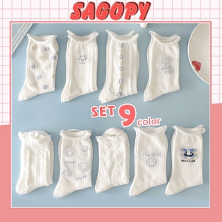 Tất nữ trắng cao cổ nhúng bèo họa tiết hoạt hình cute, vớ nữ phong cách Vintage hàn quốc chống hôi chân Sagopy TD27