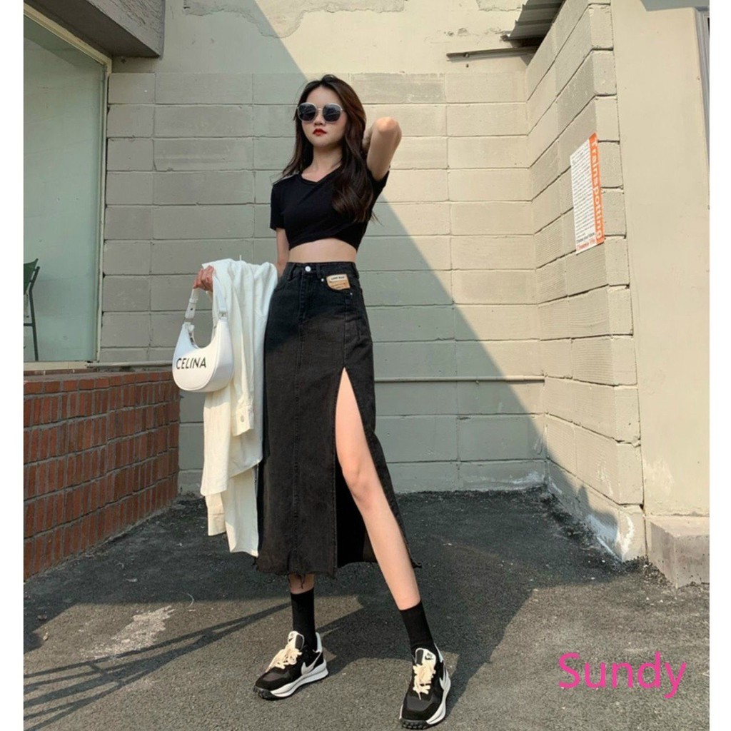 Chân Váy Denim Chữ A Lưng Cao Xẻ Tà Phong Cách Hàn Quốc