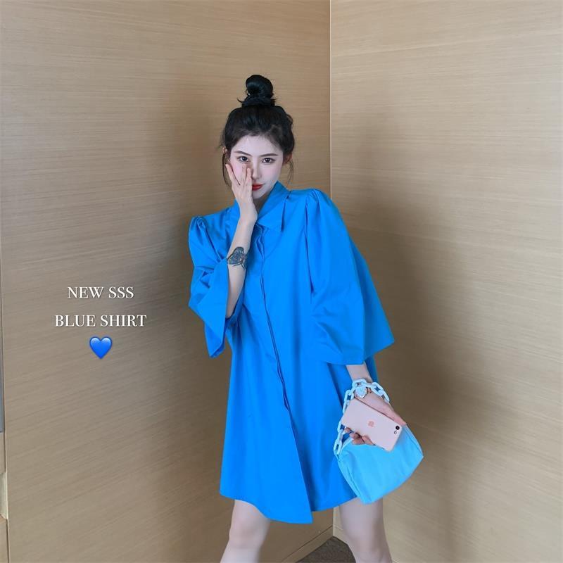 Áo Sơ Mi Ngắn Rộng Tay Phồng Màu Trơn Phong Cách Mới Mùa Hè 2023 Dễ Phối Đồ Dành Cho Bạn Nữ