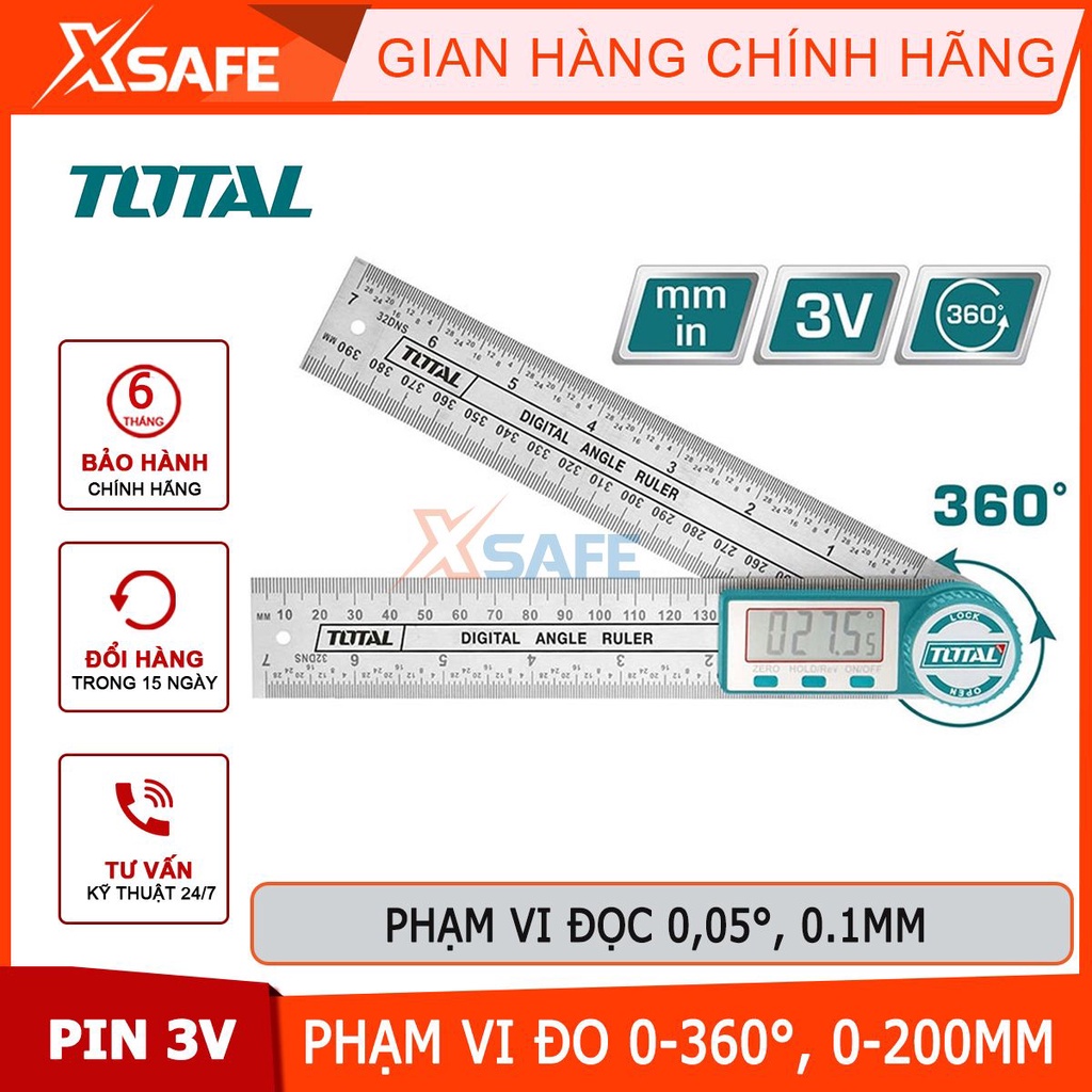 Thước đo kỹ thuật số TOTAL TMT333601 phạm vi đo 0-360°, 0-200mm,0~400mm, chuyển đổi hệ thống mét/inch, thước đo dùng pin