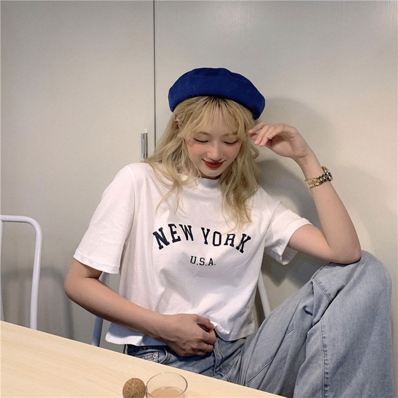 Áo Thun Crop Top Cổ Tròn Tay Ngắn In Chữ Thanh Lịch Dành Cho Nữ