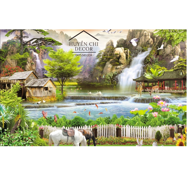 Tranh dán tường 3d Mã Đáo Thành Công- Bát mã - Huyền Chi - vải lụa cao cấp tặng kèm keo dán