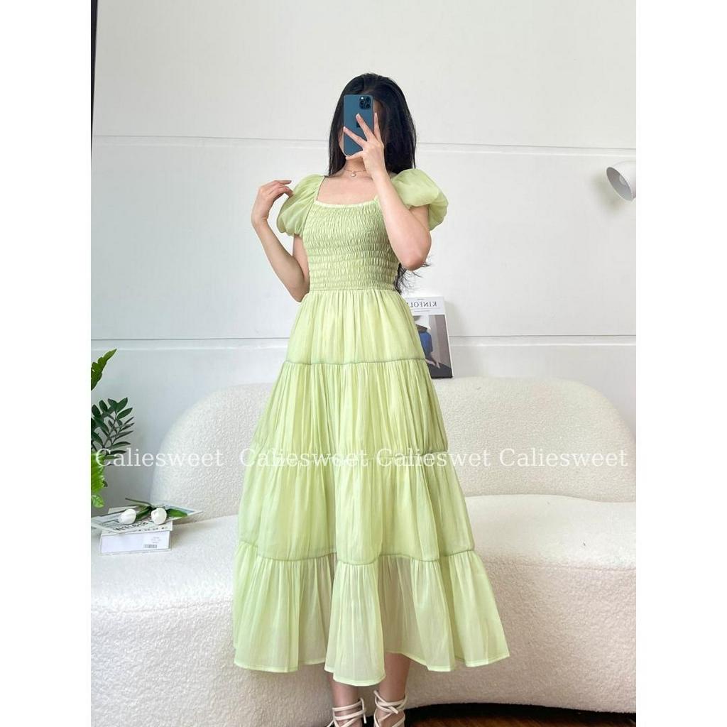 Váy maxi tay bồng Caliesweet váy maxi cổ vuông 2 lớp tôn dáng phong cách điệu đà