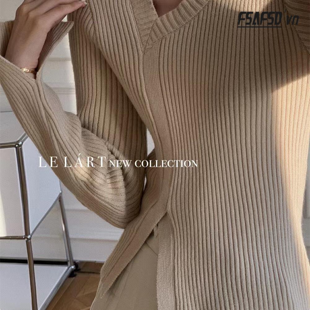 Áo Len Nữ Dài Tay Cổ Chữ V Xẻ Tà Thời Trang