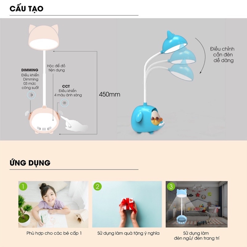 Đèn bàn Rạng Đông cảm ứng đổi màu Model: RD-RL-41 6W thiết kế thú cưng cảm ứng phần tai thú