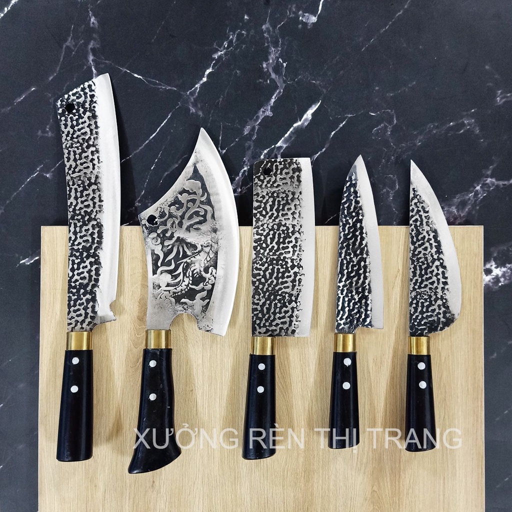 Bộ Dao Nhà Bếp Thép Nhíp - Dập Vân 2 Mặt, Dùng Chặt Cây, Chặt Xương, Thái Gọt