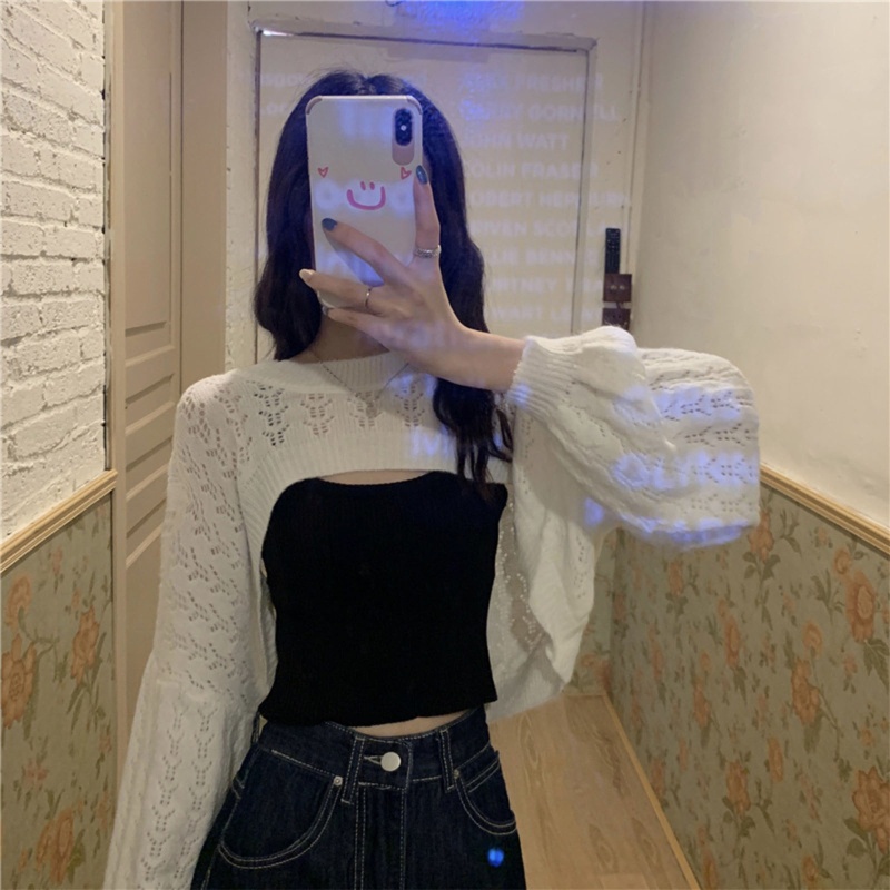 Áo Croptop Dệt Kim Tay Dài Dáng Rộng Màu Trơn Thời Trang Cho Nữ