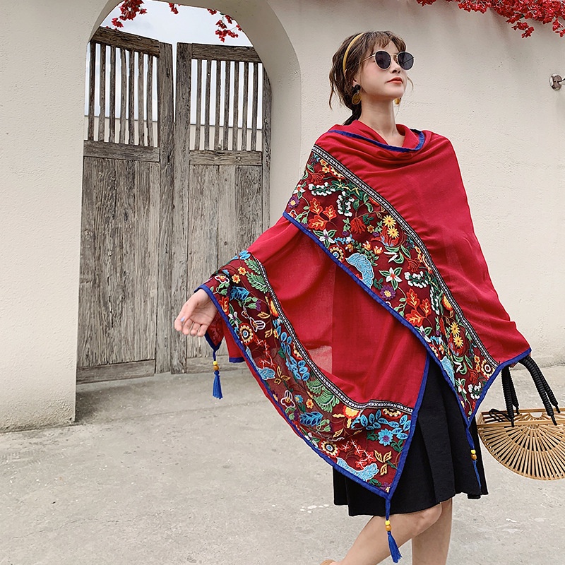 Khăn Choàng Đi Biển Chống Nắng Bằng Lụa Cotton Lanh Phối Ren Tua Rua Thêu Họa Tiết 24H Cho Nữ