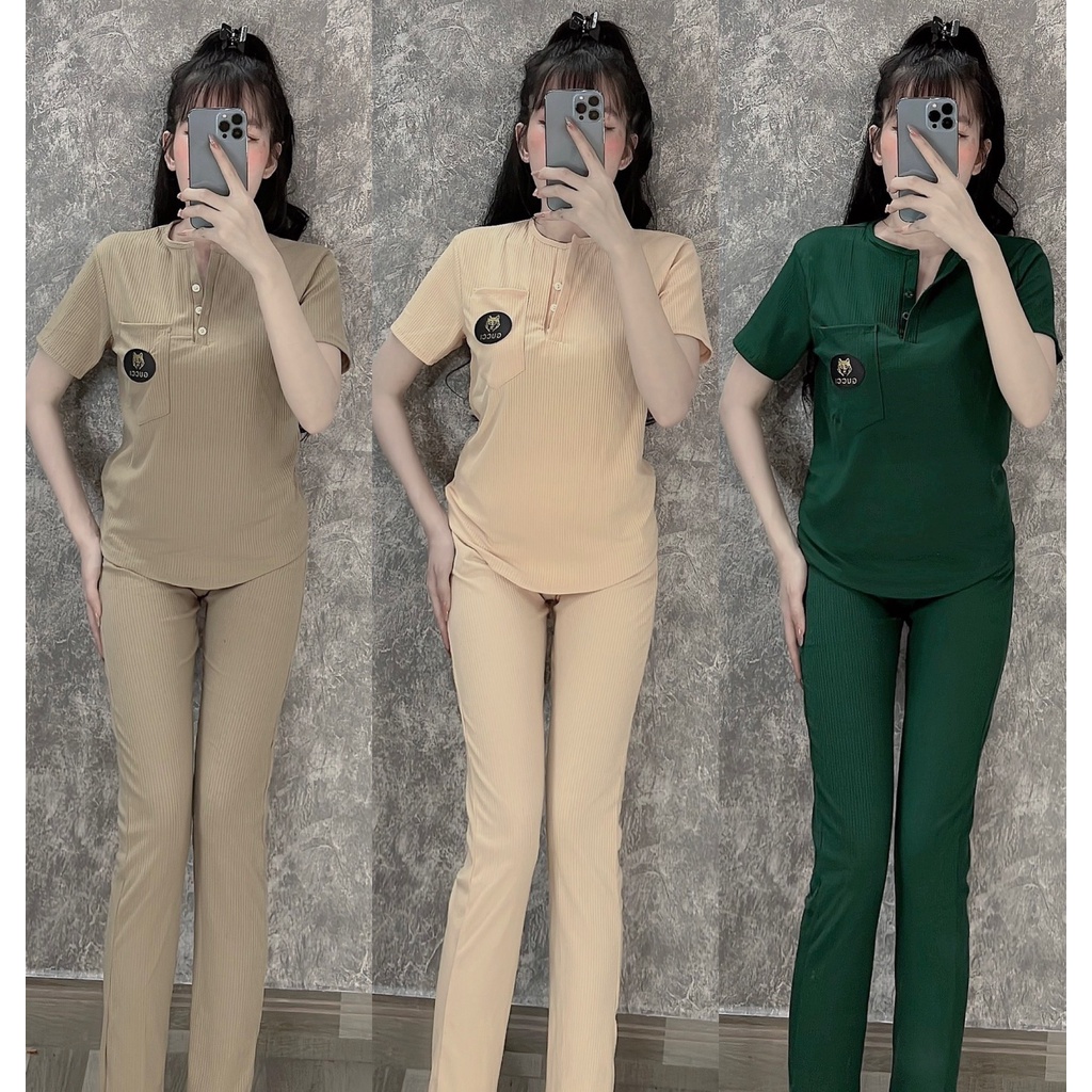 Set bộ dài thun gân tăm, áo cổ tròn vạt bầu có nút phối quần dài ôm - Xưởng sỉ Cô Ba