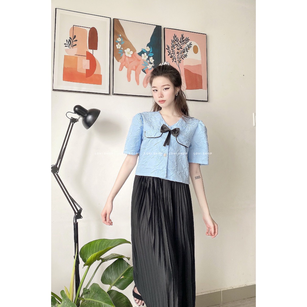 LOVI SHOP Áo croptop sơ mi xốp tay phồng ngắn phối nơ dịu dàng nữ tính mùa hè 2022