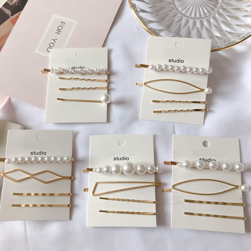Set 3 kẹp tóc mái kim loại mix hạt ngọc PUHA, cặp tóc nữ đính đá phong cách tiểu thư sang chảnh Hàn Quốc