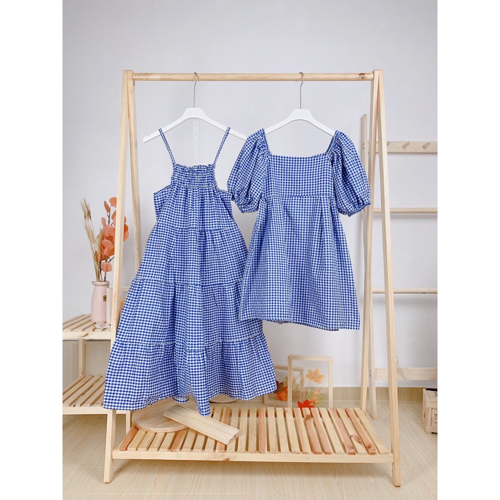 Váy đầm nữ 2 dây trễ vai tay phồng kẻ caro xanh dương hottrend đi biển freesize phom rộng dáng babydoll ulzang hàn quốc | WebRaoVat - webraovat.net.vn