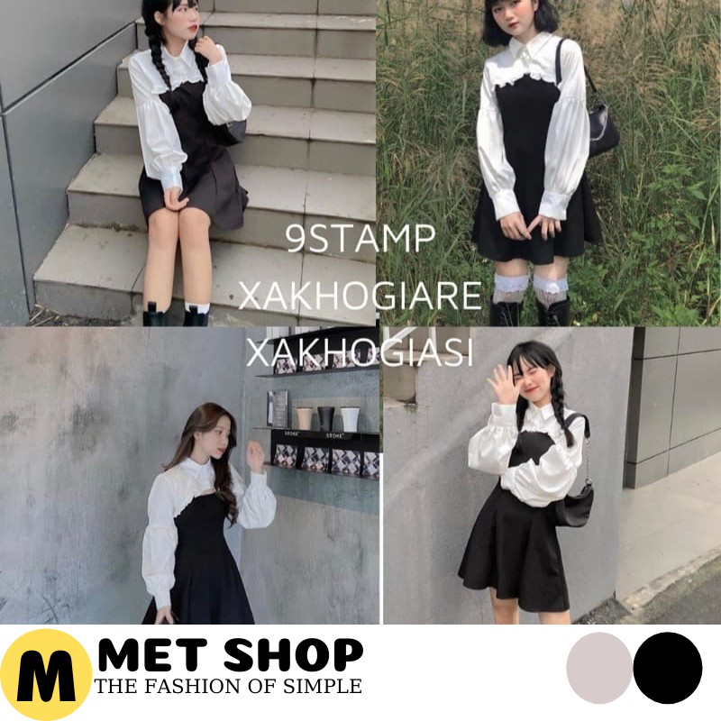 (MUA 1 TẶNG 5)Sét áo croptop sơ mi bèo trắng dài tay mix váy 2 dây xòe thời trang Ulzzang.Váy 2 dây Vintage với áo khoác