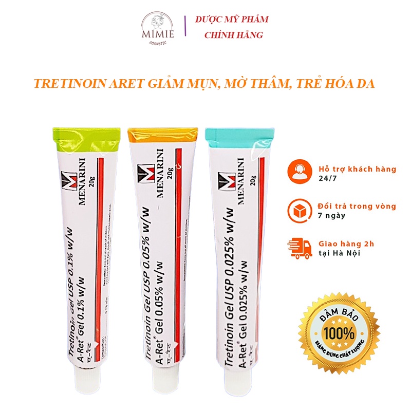 Tretinoin Aret 0.1%, 0.05%, 0.025% Giảm Mụn, Mờ Thâm, Giảm Nám, Chống Lão Hóa - Tre Gel Usp A-ret 20g (Date mới nhất)