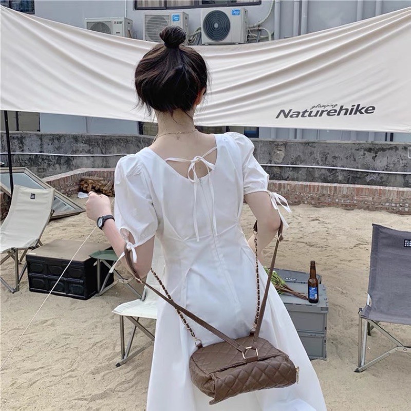 Đầm Váy Trắng Dáng Dài Cộc Tay Cổ Vuông Tay Nơ Mặc Dự Tiệc Đi Du Lịch Full Size S M L | BigBuy360 - bigbuy360.vn