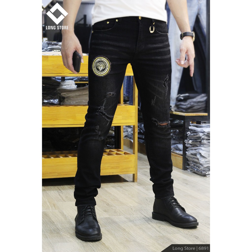 Quần jean nam rách gối màu đen nhám ✅FREESHIP✅ Quần bò nam VER-SACE SLIMFIT skinny co giãn cao cấp - 6891