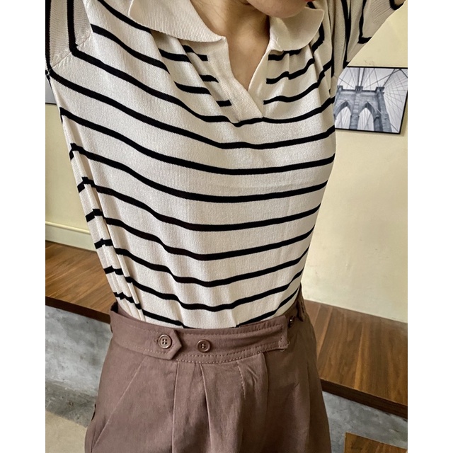 Áo thun len nữ tay ngắn polo kẻ ngang striped shirt màu be hàng loại 1 (Có sẵn - Ảnh thật shop chụp) | BigBuy360 - bigbuy360.vn