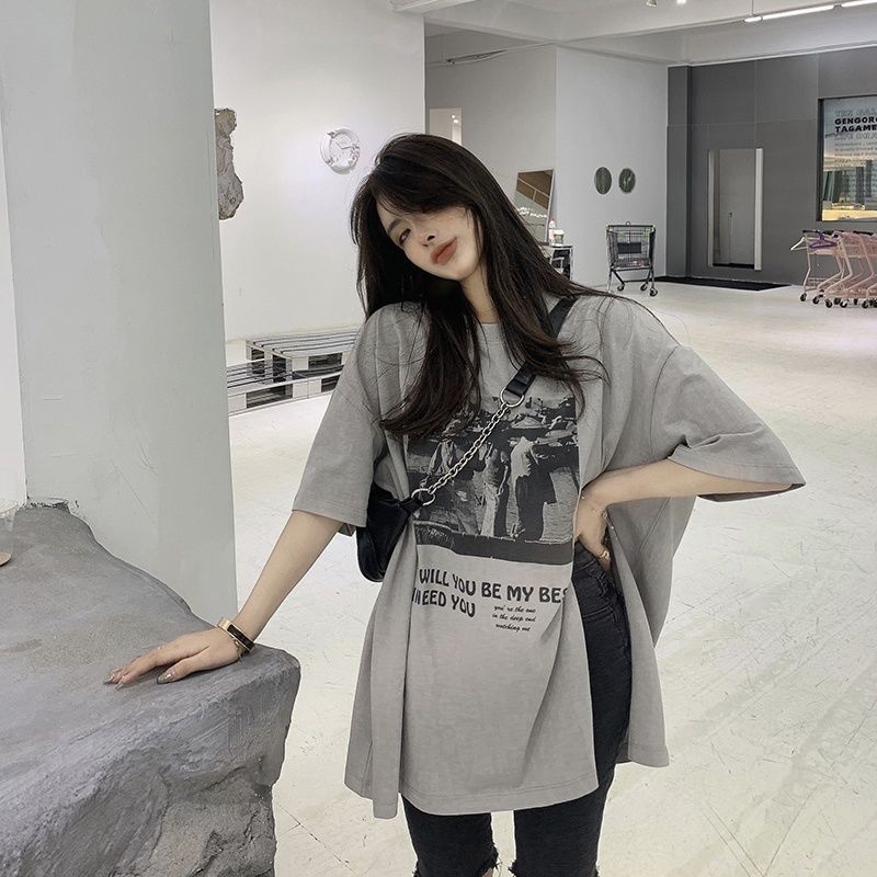 Áo Thun Nữ Ngắn Tay Xẻ Tà Chất Liệu Cotton Màu Xám Phong Cách Retro Mỹ 2022 * 5.12