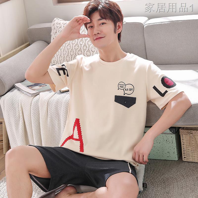 ☢℡100% cotton pyjama nam mùa hè mỏng áo vest ngắn tay thanh niên cộng với Code Student Home Service Set1