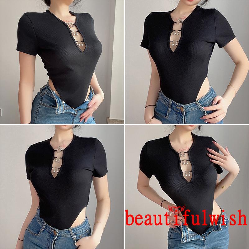 BEAUTIFULWISH-Women´s Summer Knitted Bodysuit Black Short Sleeve Round Neck Front Crochet Buckle Playsuit | BigBuy360 - bigbuy360.vn
