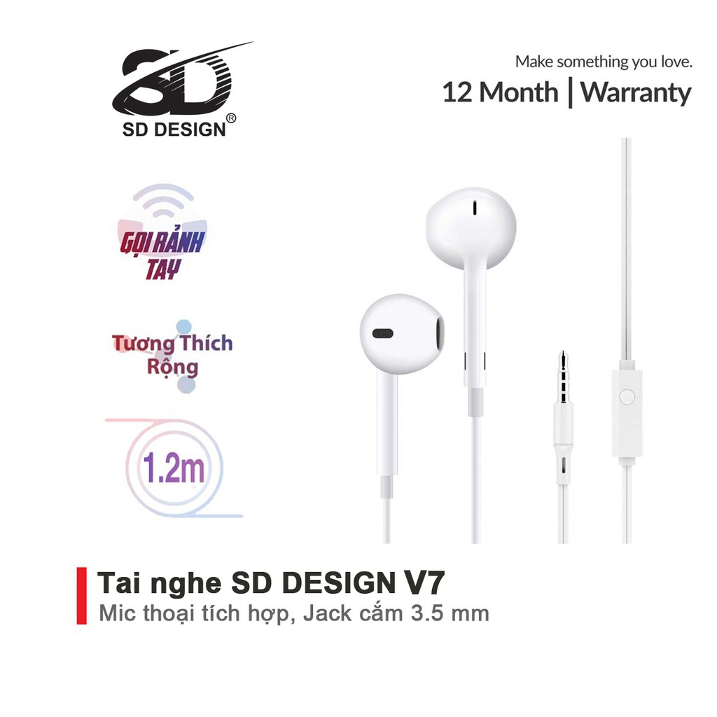 Tai Nghe dây Nhét Tai SD Design V7 tương thích các dòng điện thoại jack 3.5mm, có mic bảo hành Chính Hãng 1 đổi 1