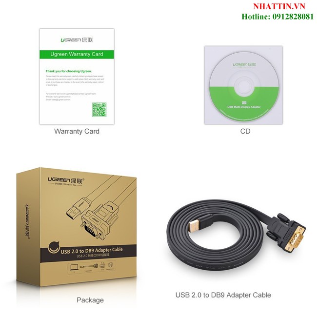 Cáp USB to RS232 dẹt  dài 1m chính hãng Ugreen 20206 cao cấp