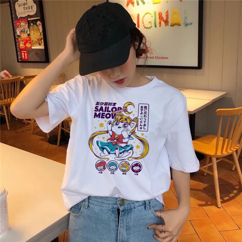 Sailor Moon áo thun nữ áo phông Cute Cat T-shirts Wowomen Summer Tops Tees Print Animal T shirt wo áo thun tay lỡ