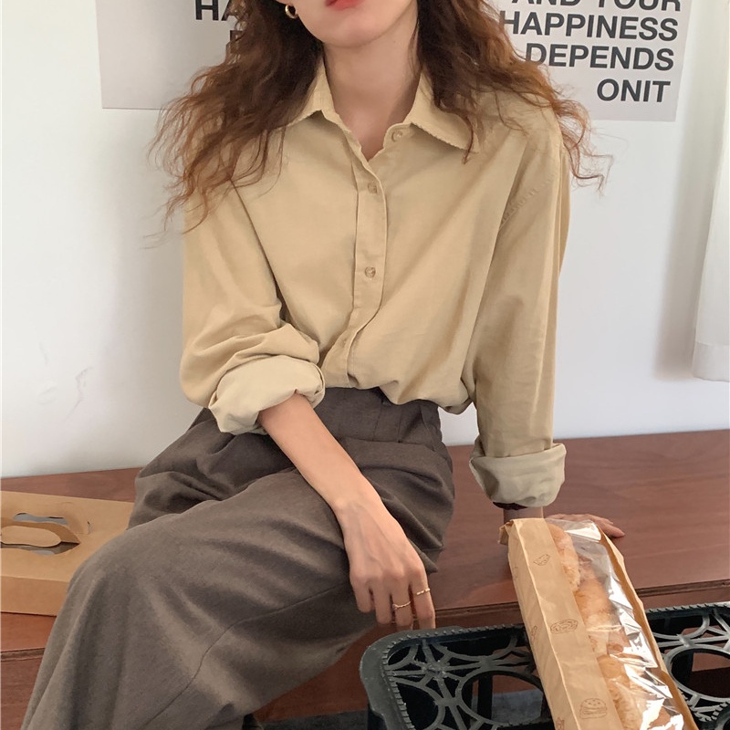 SUXI Áo Sơ Mi Dài Tay Màu Sắc Đơn Giản Phong Cách Hàn Quốc
