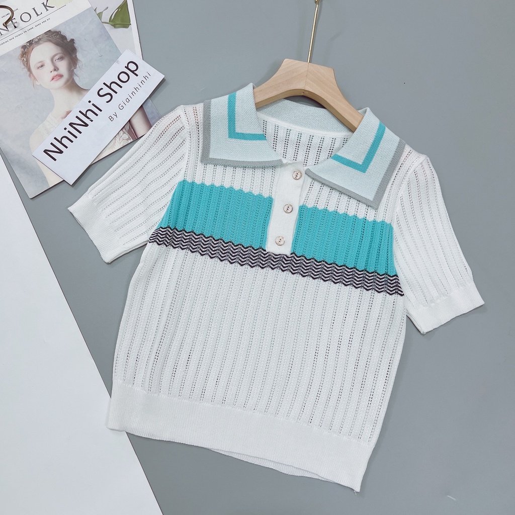 Áo polo len hàn quốc lưới phối màu, Áo len cổ bẻ ngắn tay AL7115 - NhiNhi Shop