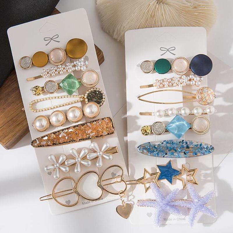(Hàng Mới Về) Set 8 Kẹp Tóc Hình Sao Biển / Trái Tim / Sao Biển Đính Ngọc Trai Phong Cách Hàn Quốc