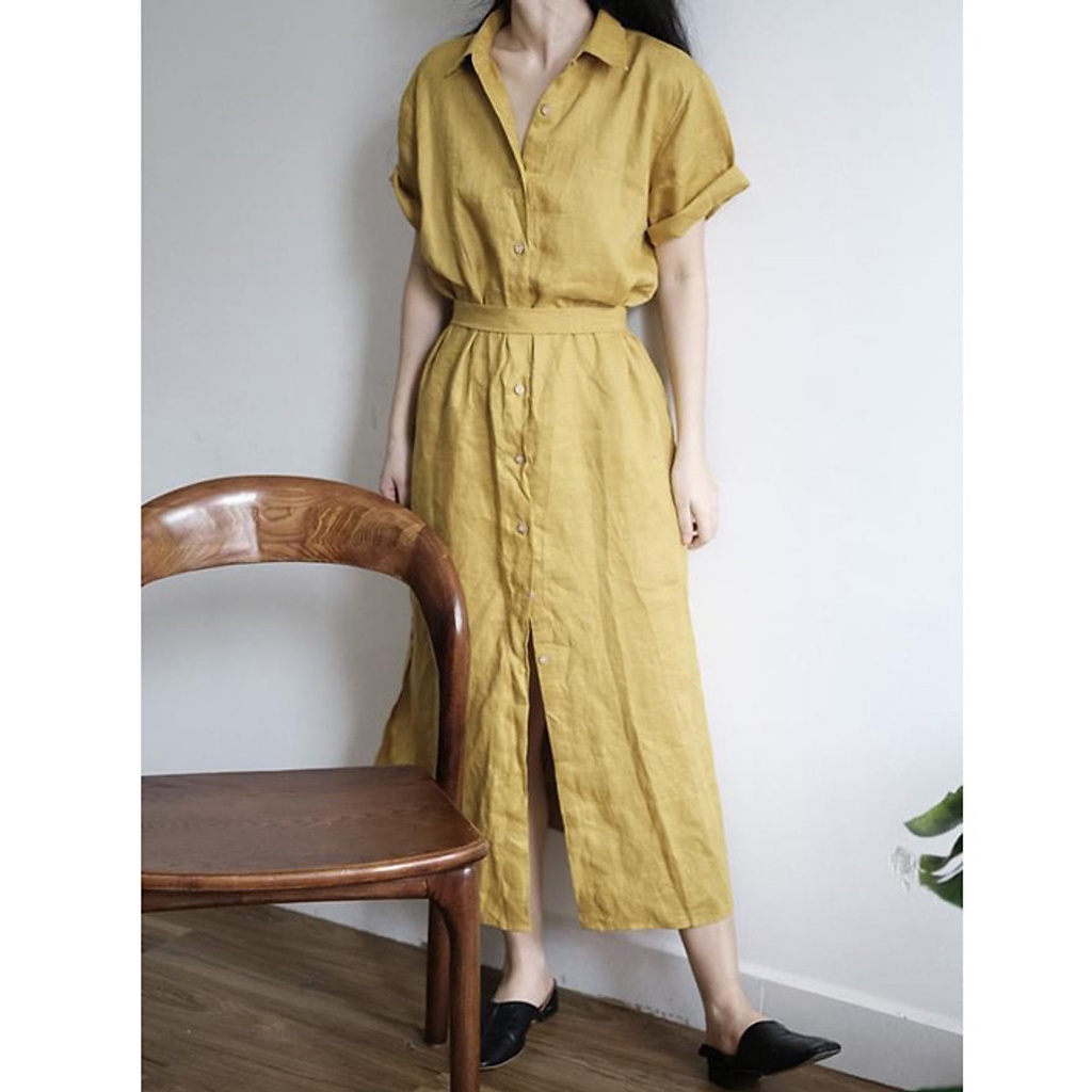 Đầm sơ mi tay cộc dáng dài đuôi tôm, chất vải Linen premium mềm mát
