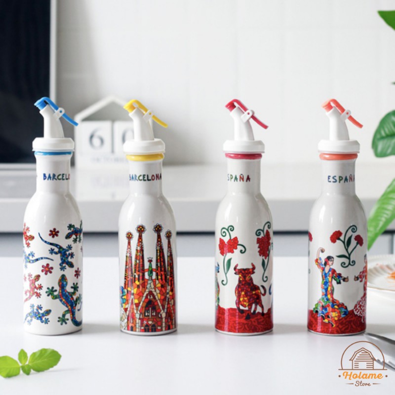 Lọ đựng gia vị, hũ gia vị bằng sứ 100ml đựng nước tương, dầu ăn, nước mắm phong cách Tây Ban Nha