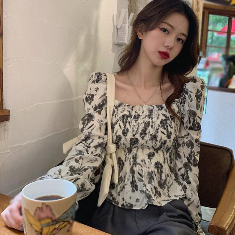 Áo croptop chiffon cổ vuông in họa tiết hoa phong cách Hàn Quốc quyến rũ cho nữ