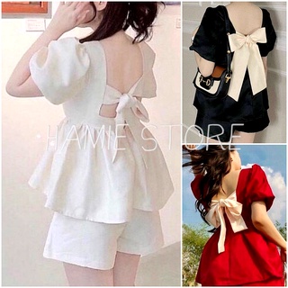 Bộ babydol nữ tay bồng cổ vuông áo nơ lưng HV129, áo dáng tiểu thư kết hợp quần ống rộng cạp cao set bộ hàn quốc