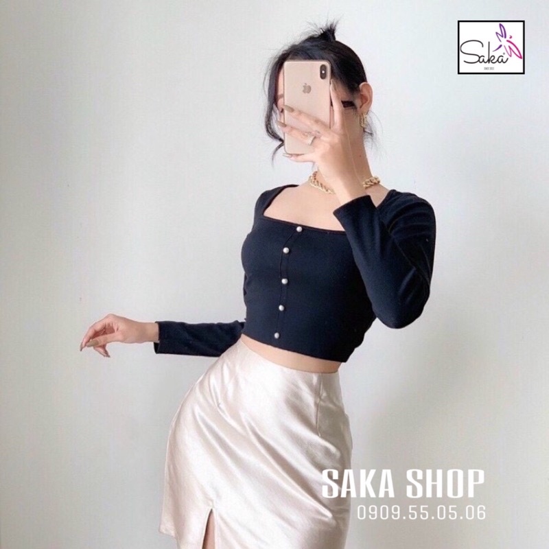 Áo croptop nữ thun tay dài nút ngọc vải 4 màu