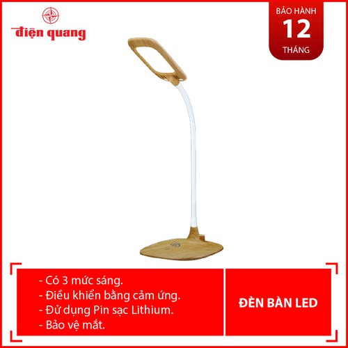 Đèn bàn sạc LED bảo vệ thị lực Điện Quang ĐQ LDL12B 6W Pin LITHIUM, vỏ giả gỗ